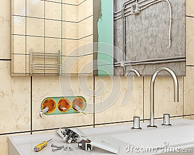 Process of changing sockets and electrical wires in bathroom Cartoon Illustration