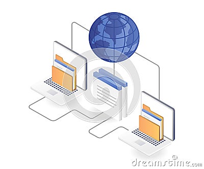 The process of connecting the world`s data document computer network Vector Illustration