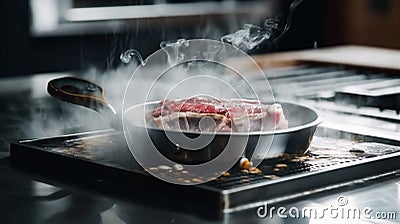 The process of cooking a piece of marbled meat Stock Photo