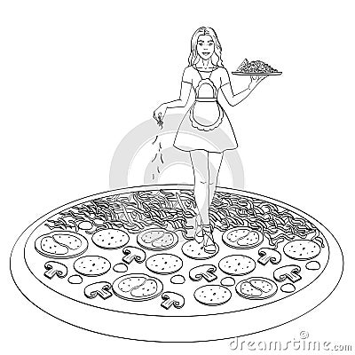 Process of cooking pizza. Isolated object on white background. Coloring for children Vector Illustration