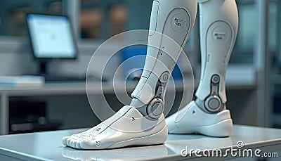 The process of creating a bionic prosthetic leg in the laboratory. The prosthesis has a complex structure that mimics a human leg. Stock Photo