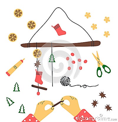 Process creating Christmas decoration. Human hands are doing creativity. Vector Illustration