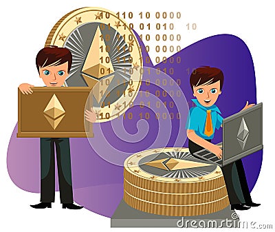 Process of crypto currency mining flat poster Vector Illustration