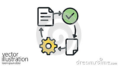 Process diagram icon shows workflow. Document, gear, checkmark represented. Automation, development, and project Vector Illustration