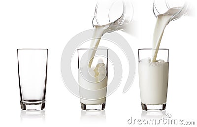 Process of filling a glass of milk from jug Stock Photo