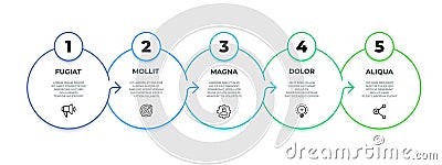 Process flow infographic. 5 steps graphic diagram, circle line business presentation template. Vector 9 options Vector Illustration