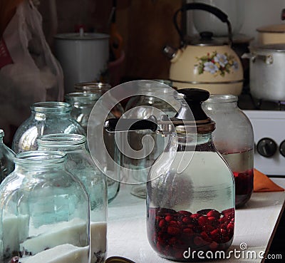 The process of harvesting the winter compote of dogwood Stock Photo