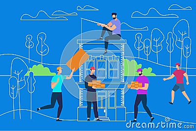 Male Characters Working in Building Construction. Vector Illustration