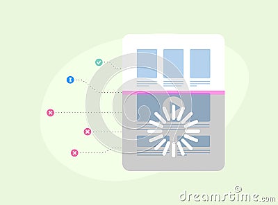 The process of indexing an online web page by a search engine crawler bot. Scanning the site in parts, search for Vector Illustration