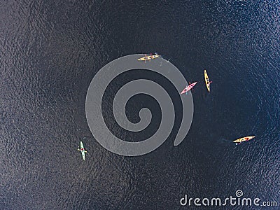 A process of kayaking in the lake skerries, with canoe kayak boat, process of canoeing, aerial shot from drone Stock Photo