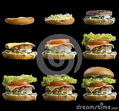 Process making of burger, step by step isolated on black background. Burger wide banner. Split burger. Burger divided in parts Stock Photo