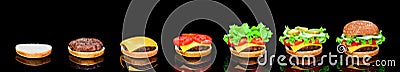 Process making of burger, step by step isolated on black background. Burger wide banner. Split burger. Burger divided in Stock Photo