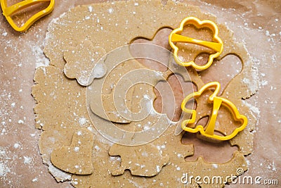 The process of making ginger cookies in the form of a heart, flower and rabbit, Gingerbread Stock Photo