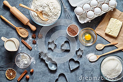The process of making gingerbread. Baking ingredients for homemade pastry. Top view, flat lay Stock Photo
