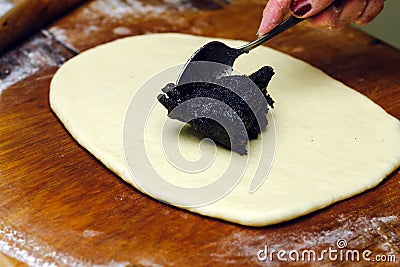 Process of making strudel pie, woman spoon puts poppy stuffing on the dough, wooden board. Stock Photo