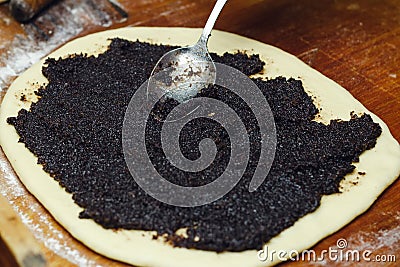 Process of making strudel pie, woman spoon puts poppy stuffing on the dough, wooden board. Stock Photo