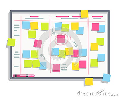 Process planning board with color sticky notes. Scrum task whiteboard flat vector illustration Vector Illustration