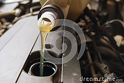 The process of pouring engine oil into the engine close-up Stock Photo