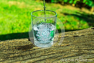 Process of pouring pure clear water into a glass from top, wooden log, green grass in the background, outdoors, health, hydration Stock Photo