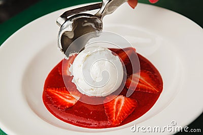 Process of preparation dessert from ice cream. hit of the summer menu. Stock Photo