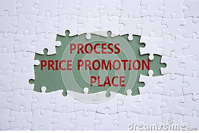 Process Price Promotion Place symbol. White puzzle with words Process Price Promotion Place. Beautiful grey green background. Stock Photo