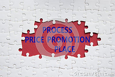 Process Price Promotion Place symbol. White puzzle with words Process Price Promotion Place. Beautiful red background. Business Stock Photo