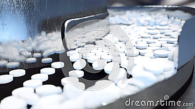 Process of production of pills, tablets. Industrial pharmaceutical concept. Factory equipment and machine. Steel. 3d Stock Photo
