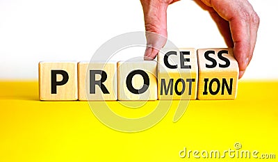 Process and promotion symbol. Concept words Process and promotion on wooden cubes. Businessman hand. Beautiful yellow table white Stock Photo