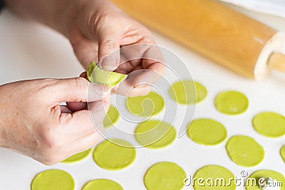 The process of sculpting dumplings. Green dumplings with cheese. Stock Photo