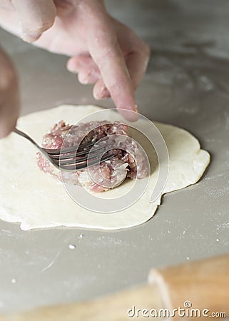 The process of sculpting meat dumplings. Stock Photo