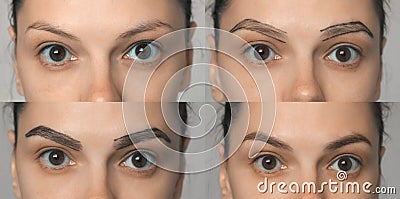 Process, steps of professional painting, coloring eyebrows of young woman. Stock Photo