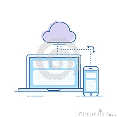 The process of synchronizing data from a mobile phone and a laptop. Storing data in the cloud storage. Vector Vector Illustration