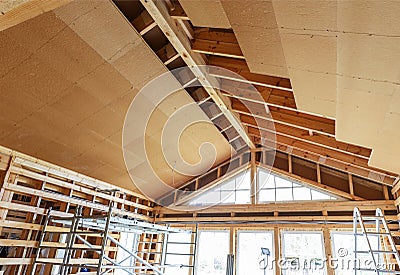 Interior view of a wooden roof structure Stock Photo