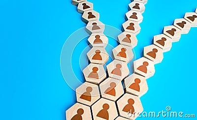 The process of uniting or disintegrating an organization of people. Optimization and division of staff into small teams. Stock Photo