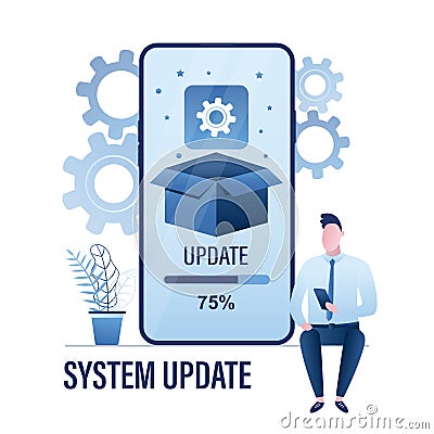 Process updates mobile system on smartphone screen. Upgrade operation system Vector Illustration