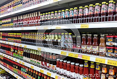 Processed food and sauce packed in bottle Editorial Stock Photo