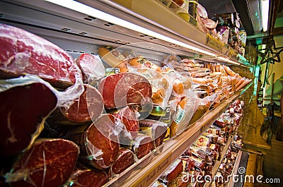 Processed meat in supermarket Stock Photo