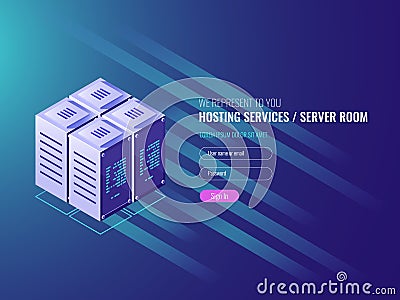 Processing center, server room rakcs, data center concept, form of user login password IT isometric 3d Vector Illustration