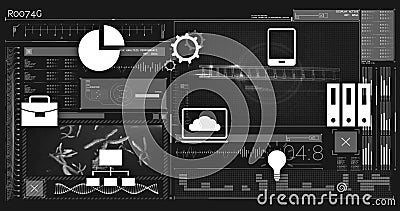 Processing data with digital interface elements over technological background Stock Photo