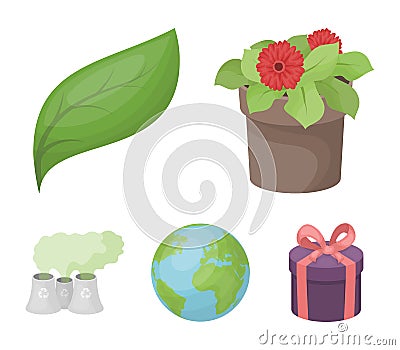 A processing plant, flowers in a pot, a green leaf, a planet Earth.Bio and ecology set collection icons in cartoon style Vector Illustration