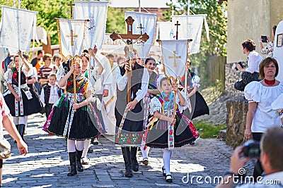 Procession during an Easter Holy Mass in an old village - Holloko, Hungary Editorial Stock Photo