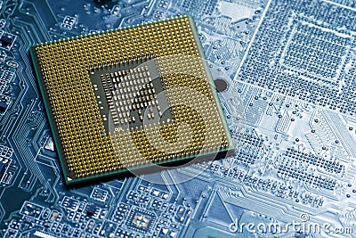 Processor on blue circuit board with gold-plated contacts close up. Bottom view from the pins side Stock Photo