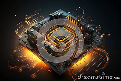 Processor on circuit board, CPU chip with magic light inside computer, generative AI Stock Photo