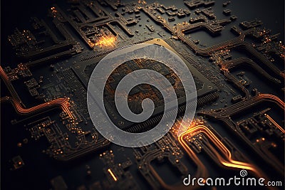 Processor CPU or GPU microchip on dark mother board Stock Photo