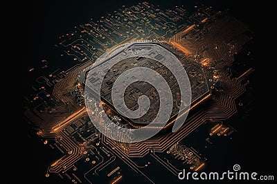 Processor CPU or GPU microchip on dark mother board Stock Photo