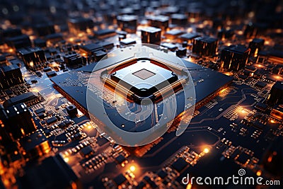 Processor integrated into circuit board, facilitating complex electronic functions with interconnected pathways Stock Photo