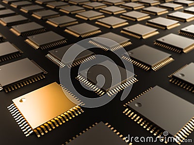 A processor (microchip) interconnected receiving and sending information. Concept of technology and future. Stock Photo