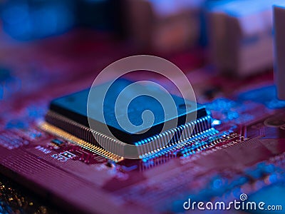 Processor and motherboard, computer brain elements, high technology. Stock Photo