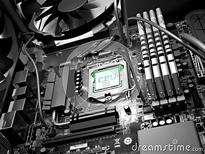 processor in the motherboard socket under the cooler concept of Stock Photo