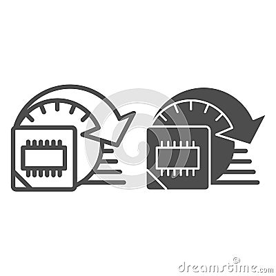Processor overlocking line and solid icon. Computer microchip high performance symbol, outline style pictogram on white Vector Illustration